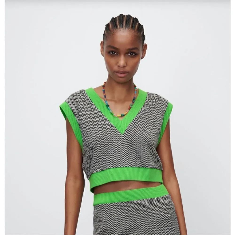 Zara Short Jacquard Top. Houndstooth Pullover Vest. Size Small. Brat! Slimegreen